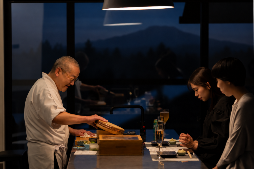あさま空山望ポラリスヴィラのカウンターで出張すしを食べる様子